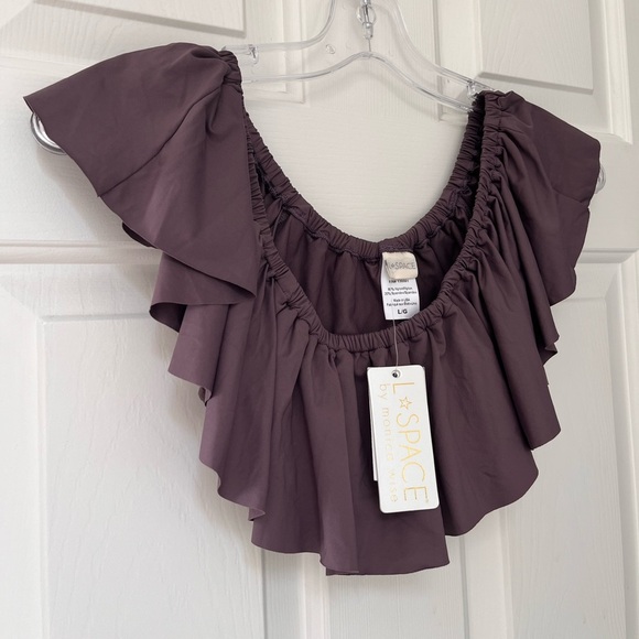 NWT L*SPACE by Monica Wise “Hey Girl” Off-Shoulder Ruffle Swim Tune Top S/M - Picture 3 of 10